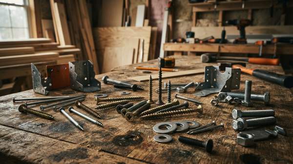 A diverse collection of construction and woodworking fasteners, including screws, nails, and bolts, artfully arranged on a workbench with wood and building materials.