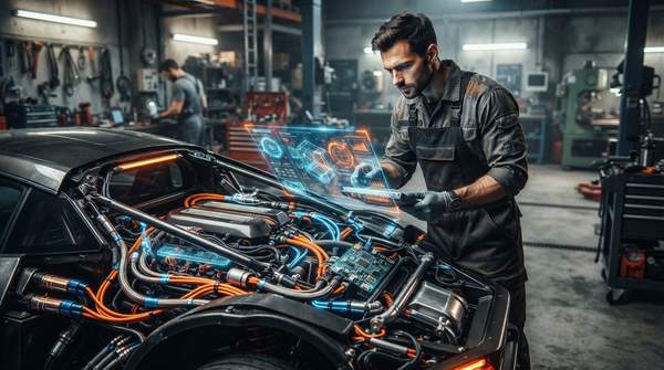 Close-up of a complex, glowing automotive electronic system with a mechanic using a holographic diagnostic tool.