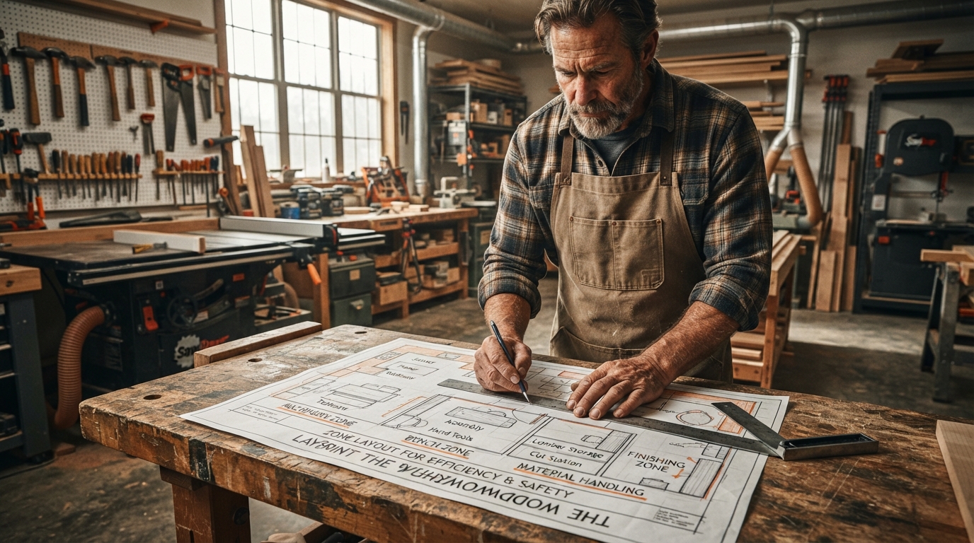 Editorial illustration for Plan Your Woodworking Workshop in Zones: A Layout Blueprint for Efficiency and Safety